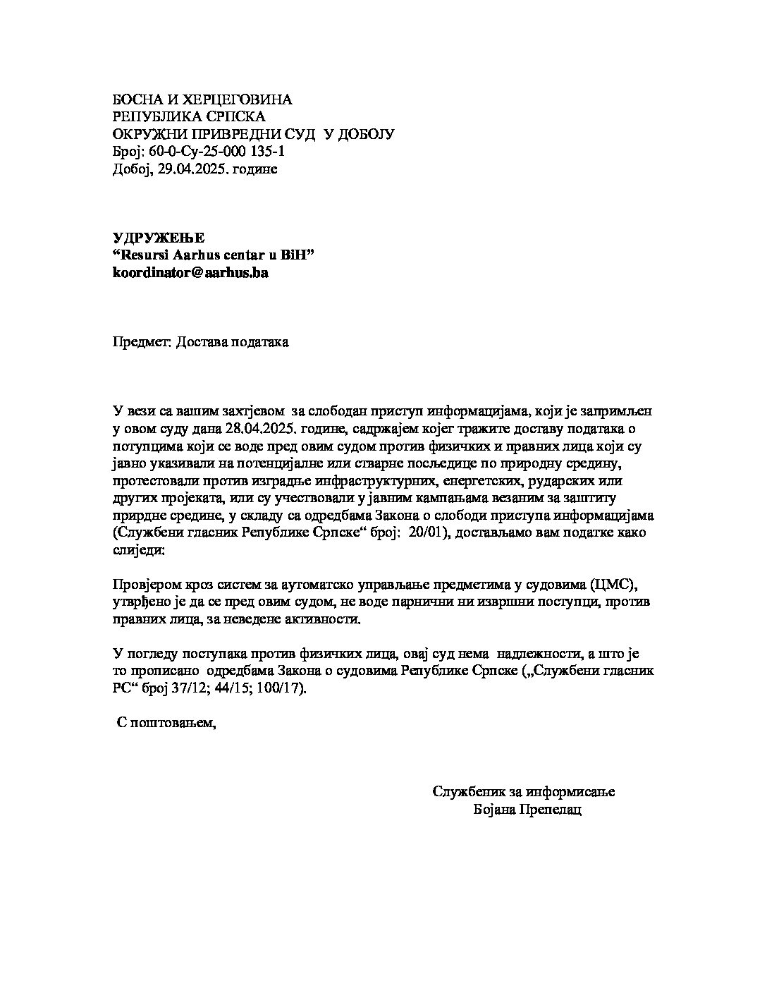 Okružni privredni sud u Doboju od 29.04.2025.