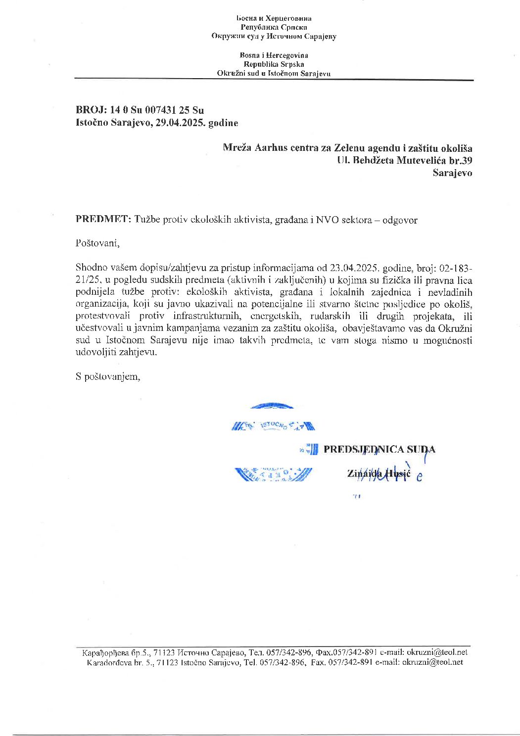 Okružni sud u Istočnom Sarajevu od 29.04.2025.