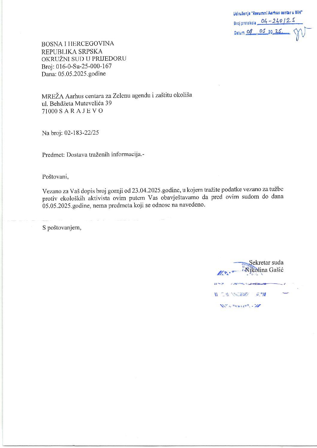 Okružni sud u Prijedoru, 08.05.2025.