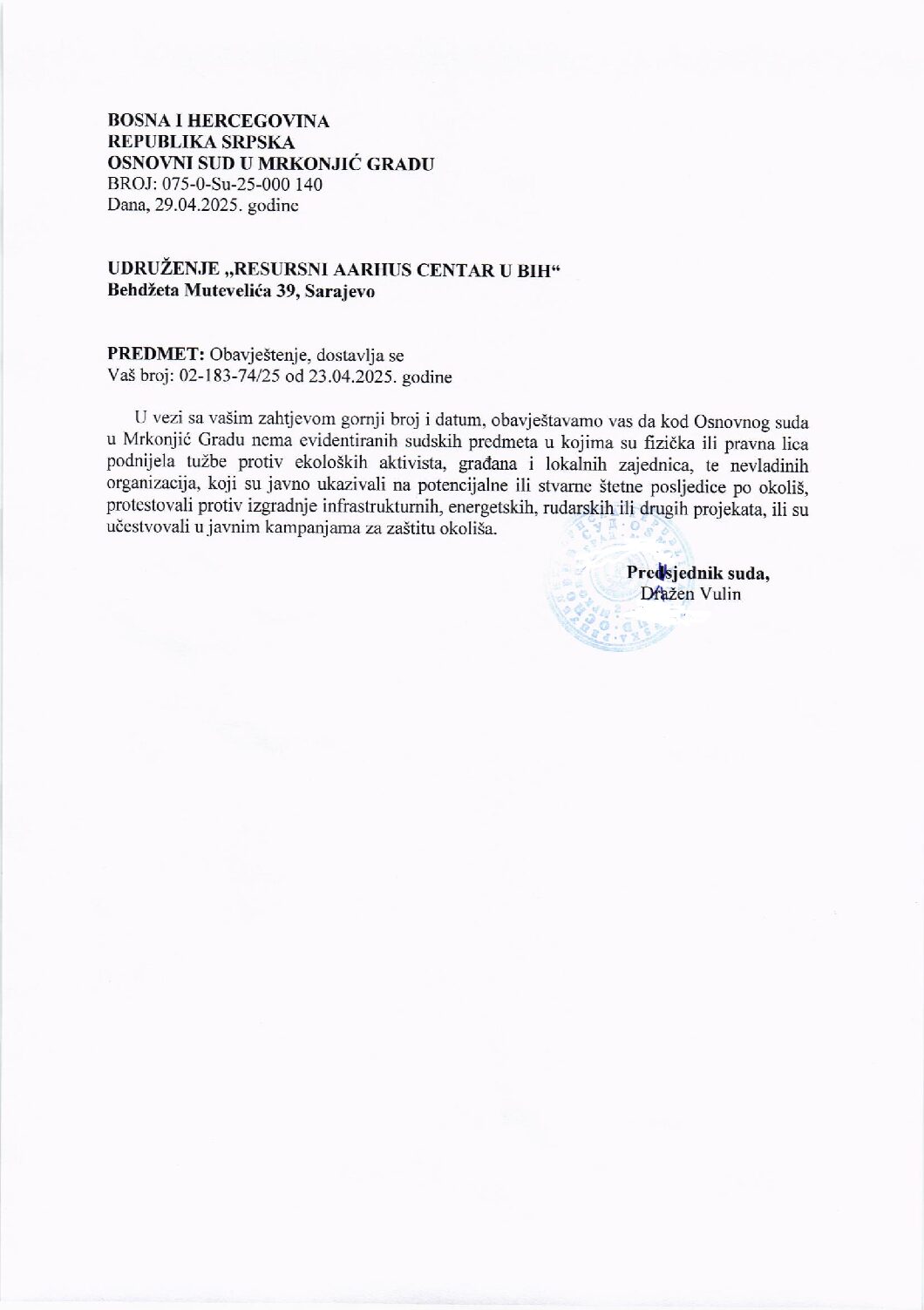 Osnovni sud u Mrkonjić Gradu, 5.5.2025.