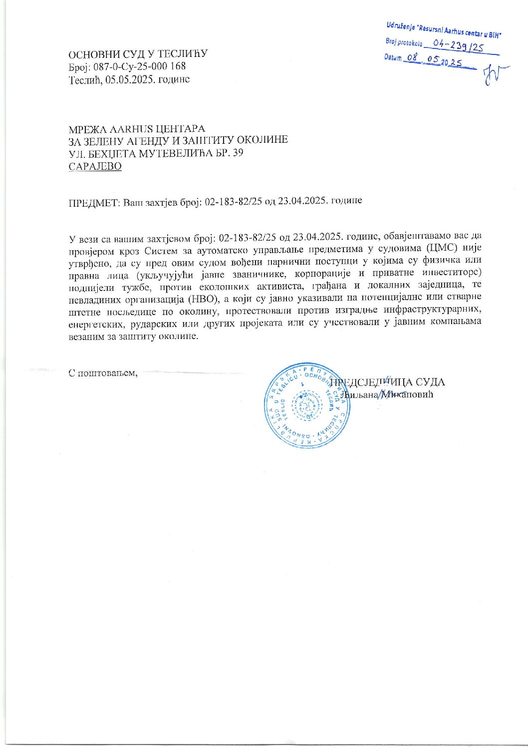 Osnovni sud u Tesliću, 08.05.2025.