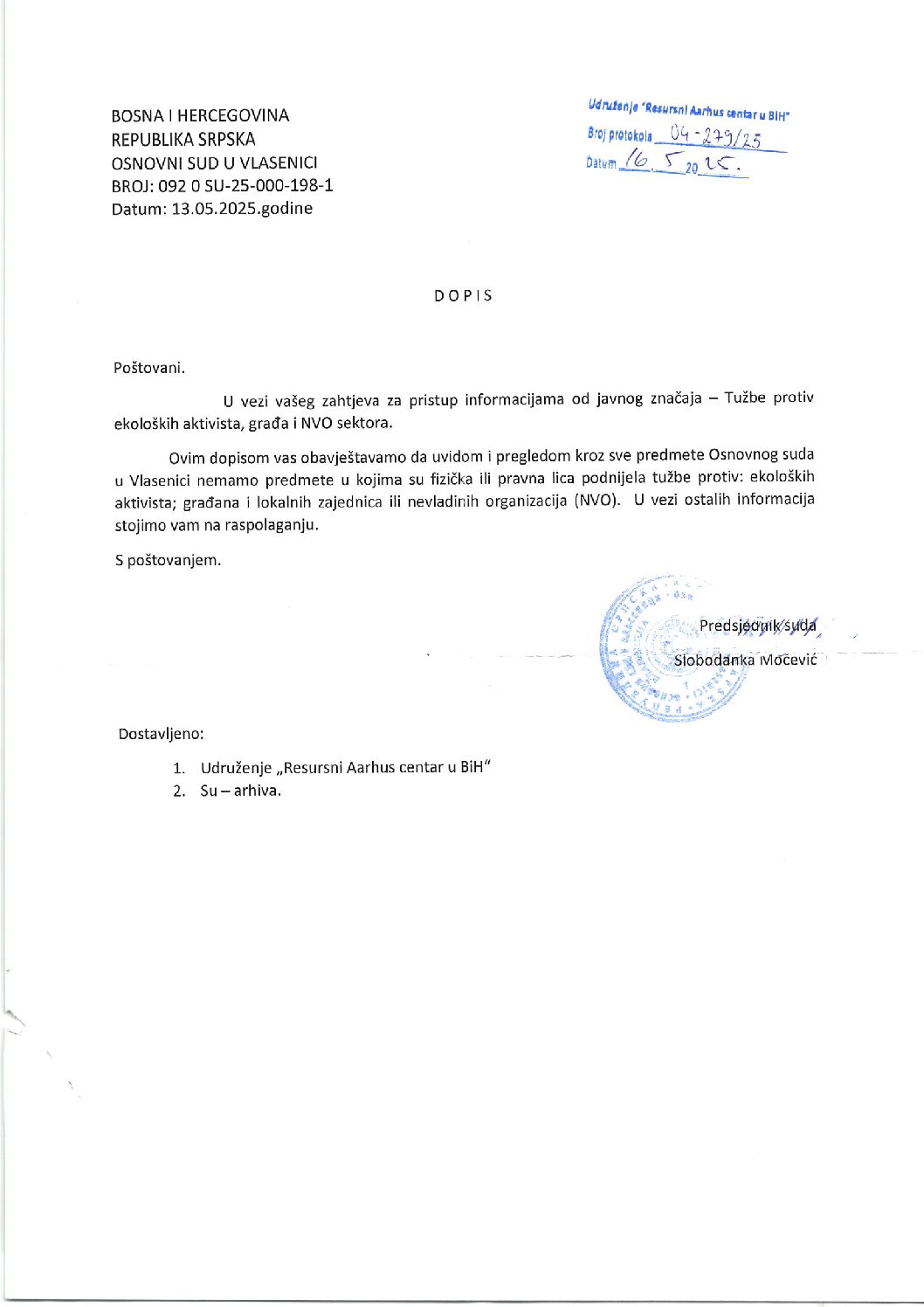 Osnovni sud u Vlasenici, 16.5.2025.
